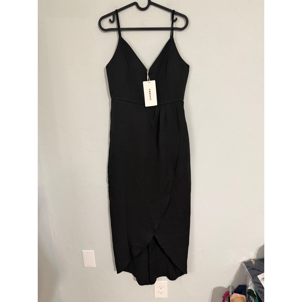 CMZ2005 Black V-Neck Tulip‎ Hem Midi Dress NWT Small Adjustable Straps Cocktail